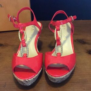Coral red patent leather sandals
